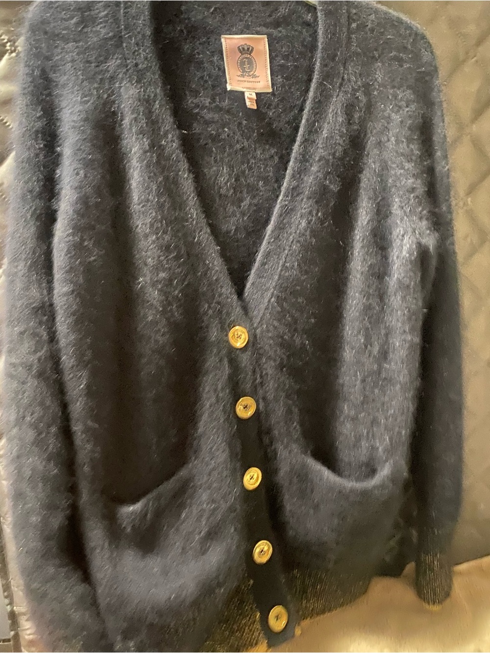 Vintage y2k Juicy Black Fuzzy angora blend V-Neck Cardigan with Gold Buttons M